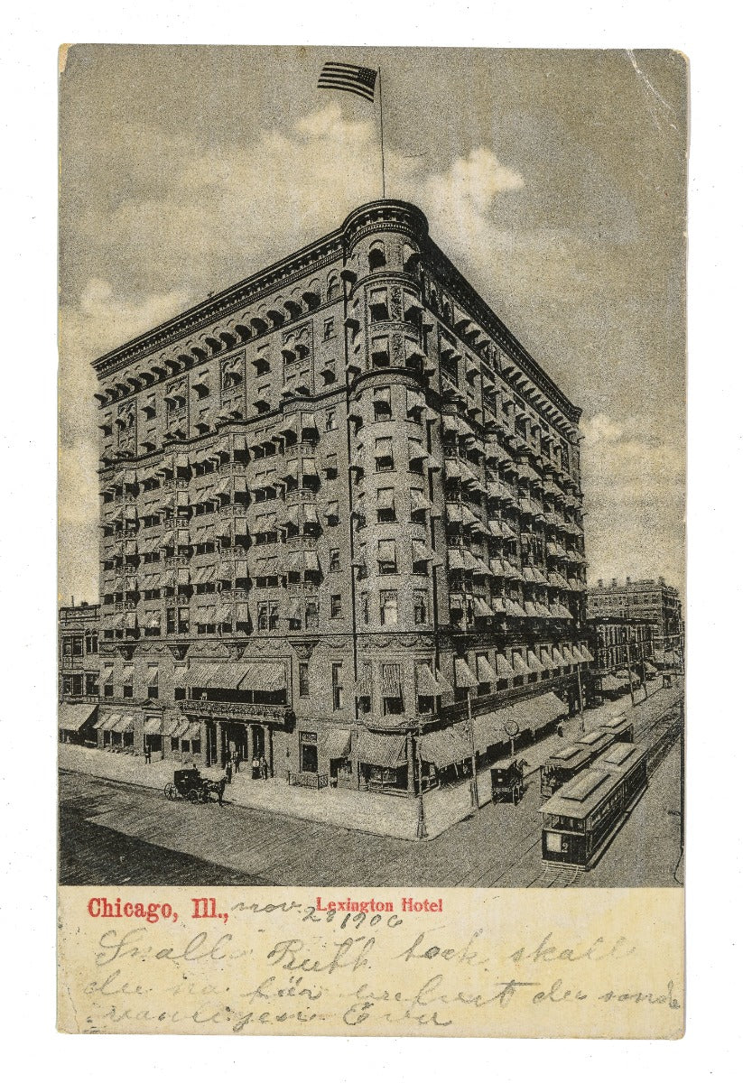 two original early 20th century postmarked clinton j. warren lexington hotel exterior and interior (lobby) postcards