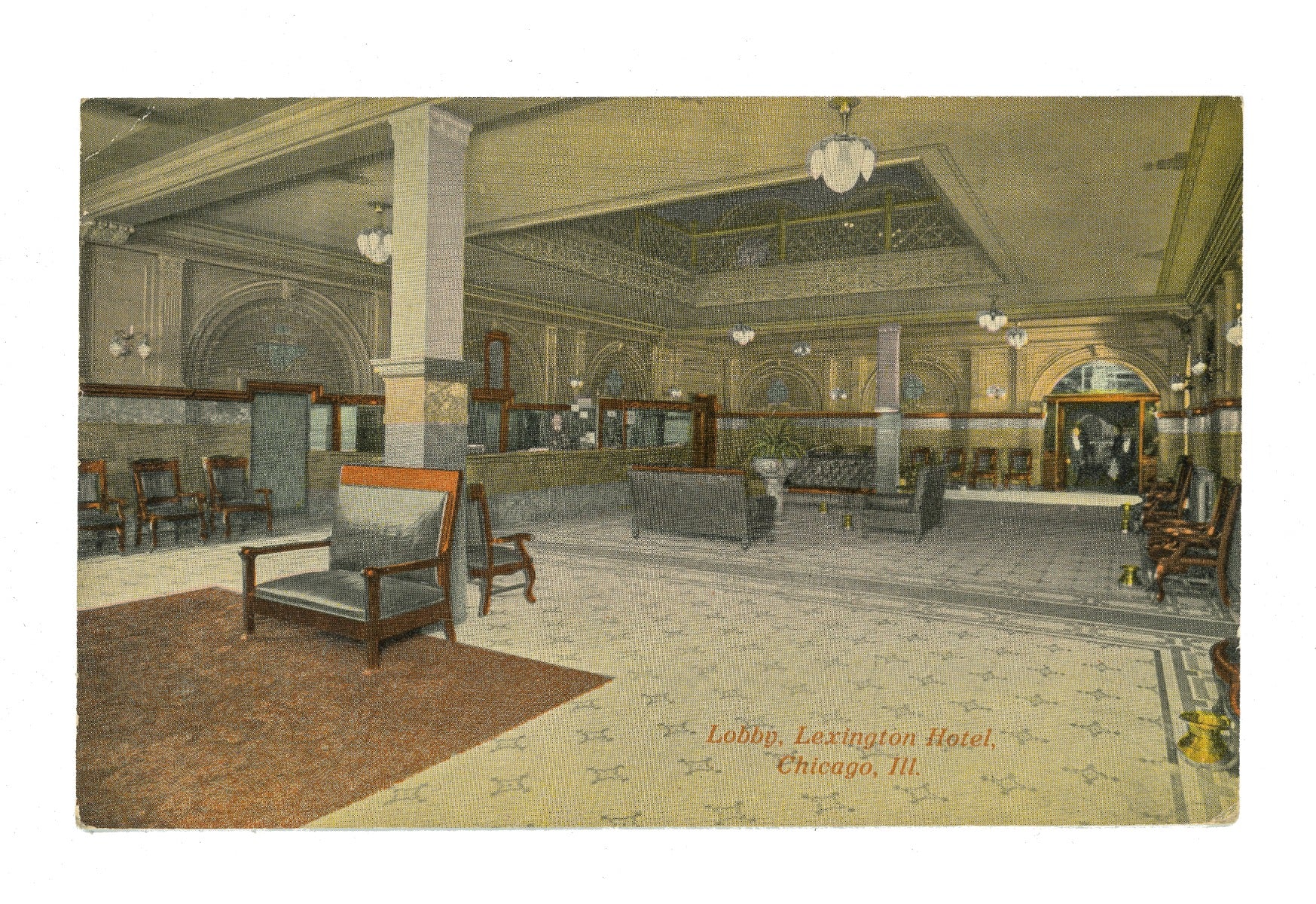 two original early 20th century postmarked clinton j. warren lexington hotel exterior and interior (lobby) postcards