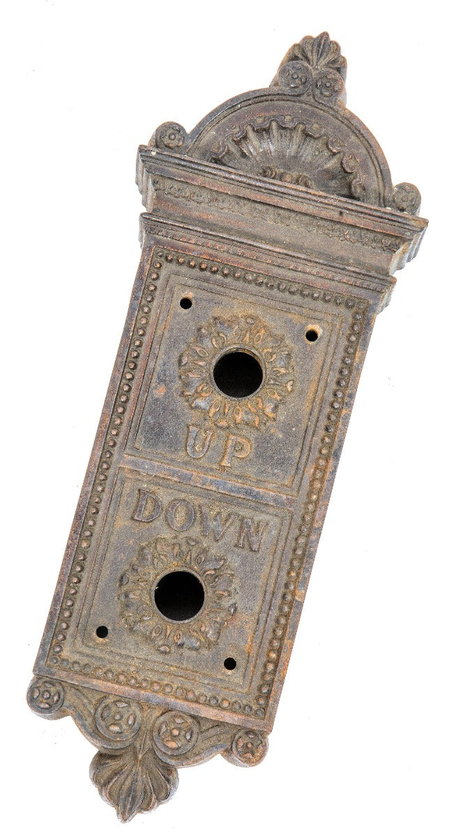 original historically important oversized cast iron elevator car call box salvaged from the reid brothers's 1892 oregonian building