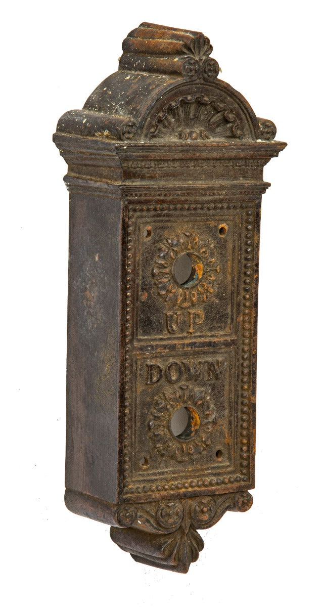 original historically important oversized cast iron elevator car call box salvaged from the reid brothers's 1892 oregonian building