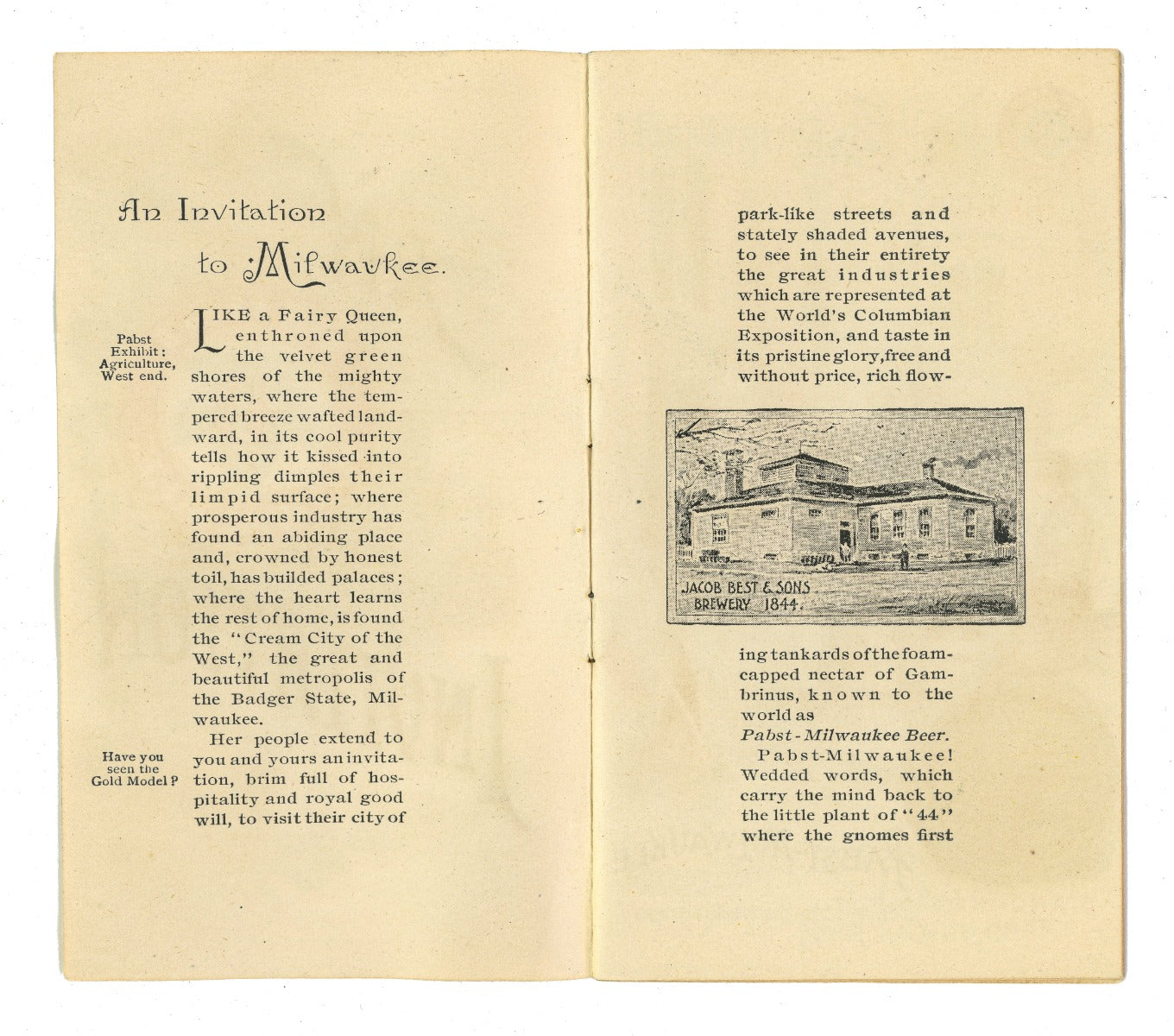 richly colored original and rare pabst brewing company pamphlet handed out to fairgoers visiting the pabst pavilion at the world's columbian exposition of 1893