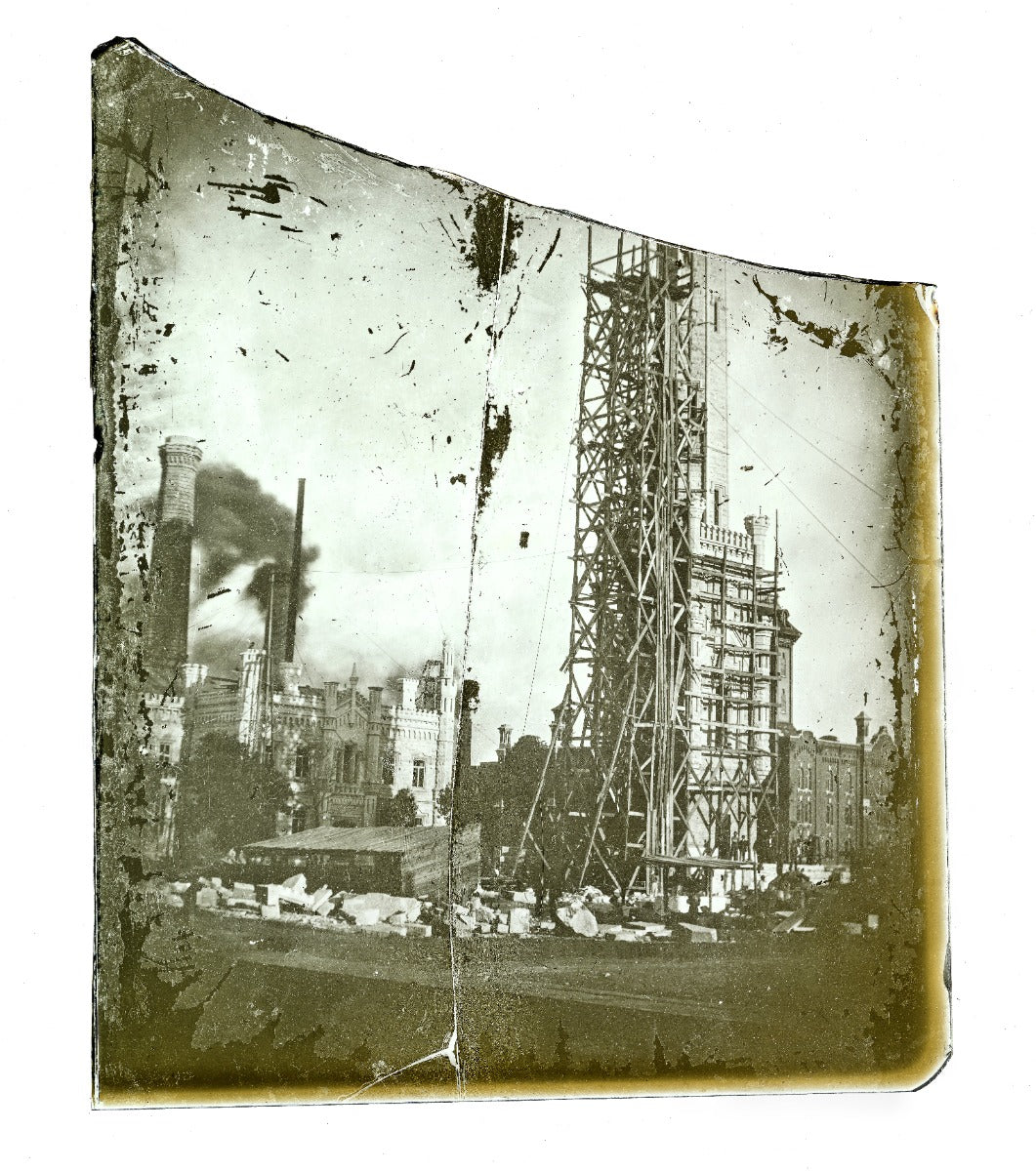 extremely rare original glass plate negative of william w. boyington's chicago water tower (1869) under construction