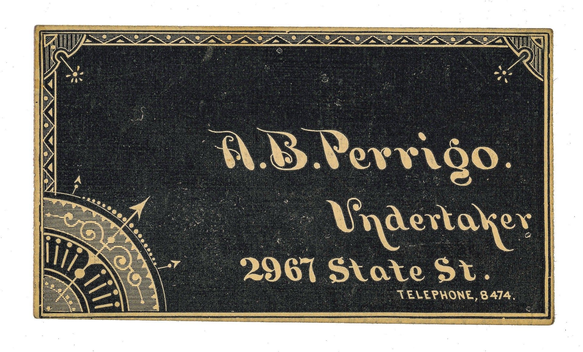 very rare original 1889 american victorian-era business or calling card for chicago undertaker a.b. perrigo