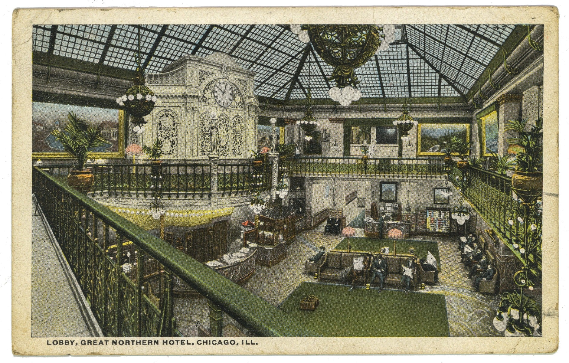 early 20th century postcard showing interior lobby of burnham and root's great northern hotel (1892-1940), located at 267 south dearborn street, chicago