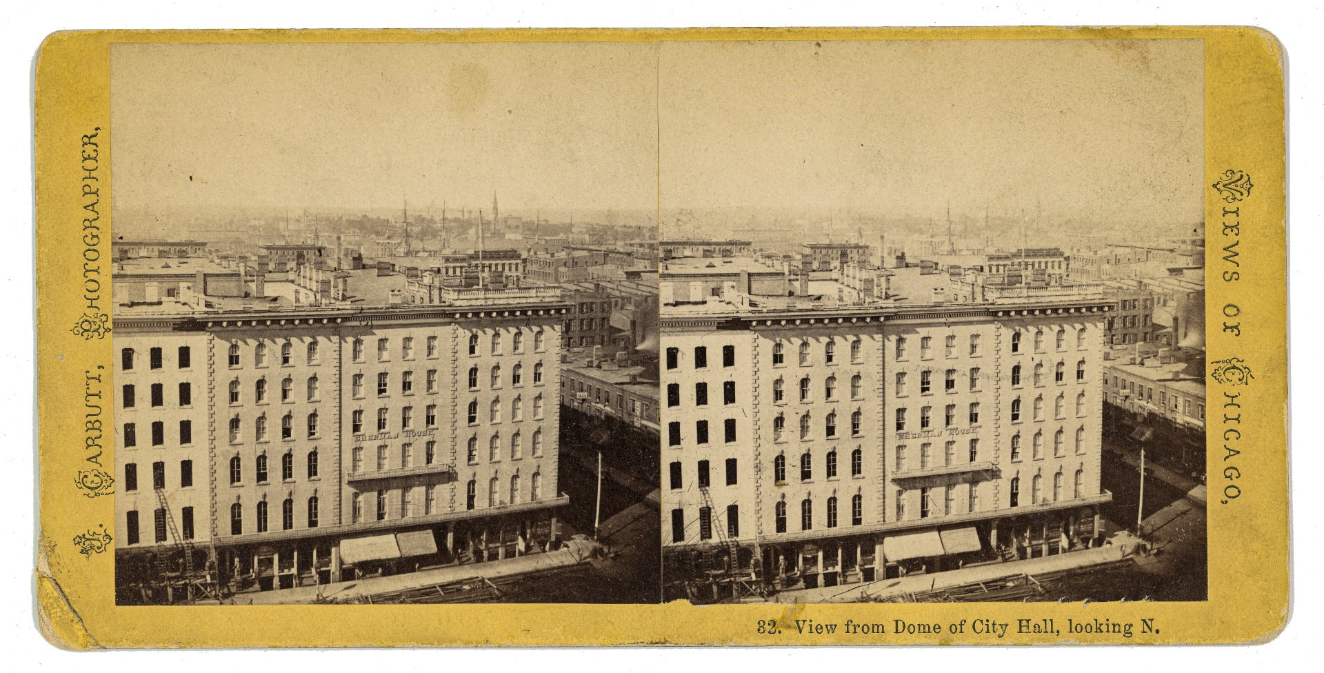 rare original john carbutt 1860's stereoview card of pre-fire chicago taken from city hall dome with sherman house in foreground