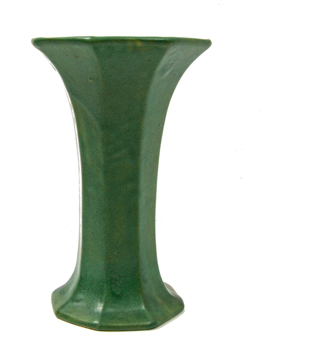 unmarked early 20th century craftsman style green glazed faceted vase with flared top