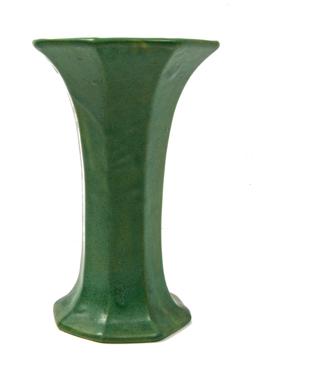 unmarked early 20th century craftsman style green glazed faceted vase with flared top