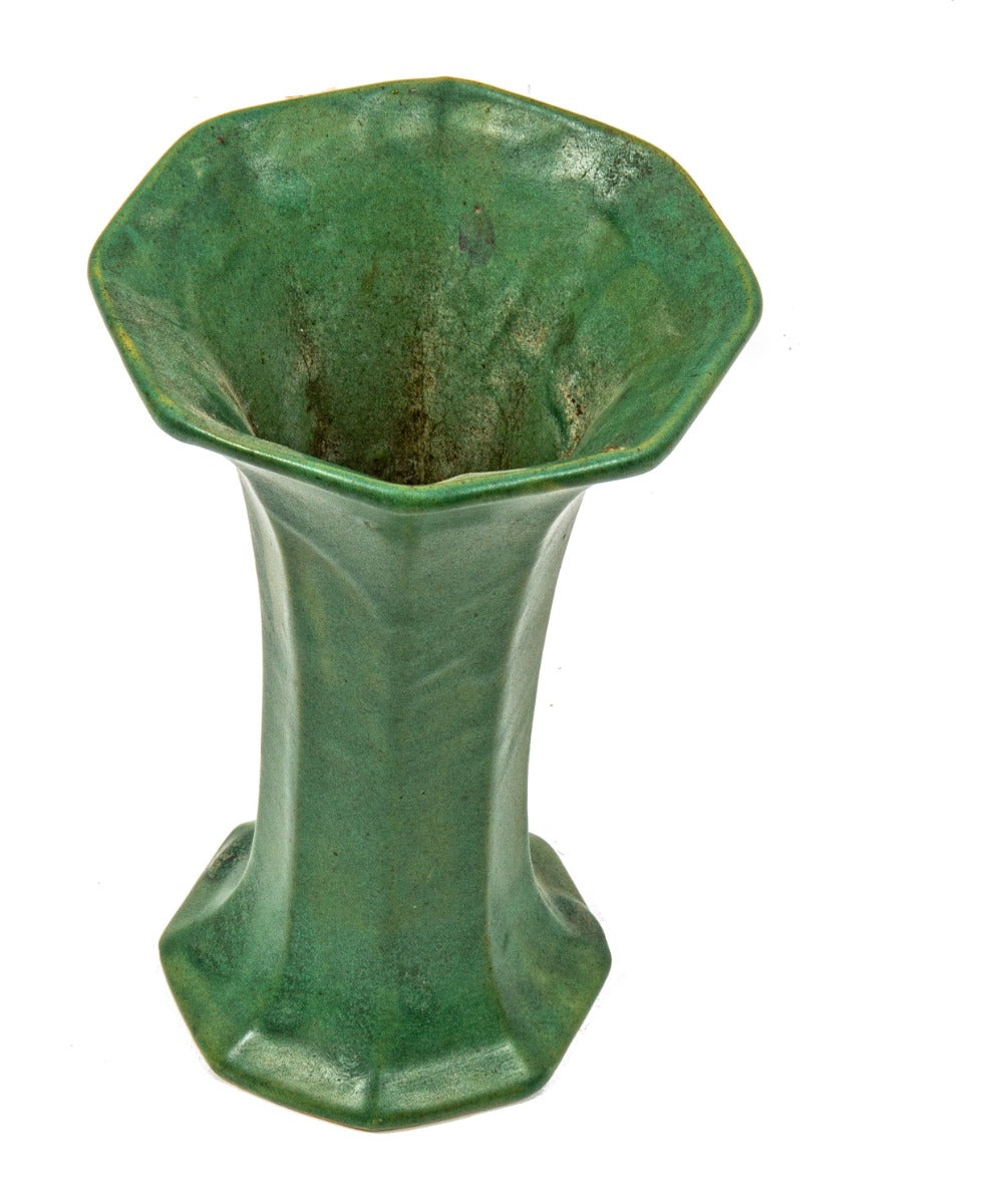 unmarked early 20th century craftsman style green glazed faceted vase with flared top
