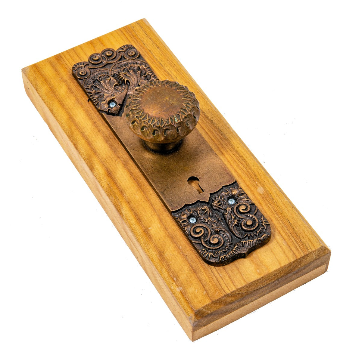 original 1880s "thistle pattern" interior residential salvaged chicago cast bronze doorknob and matching backplate