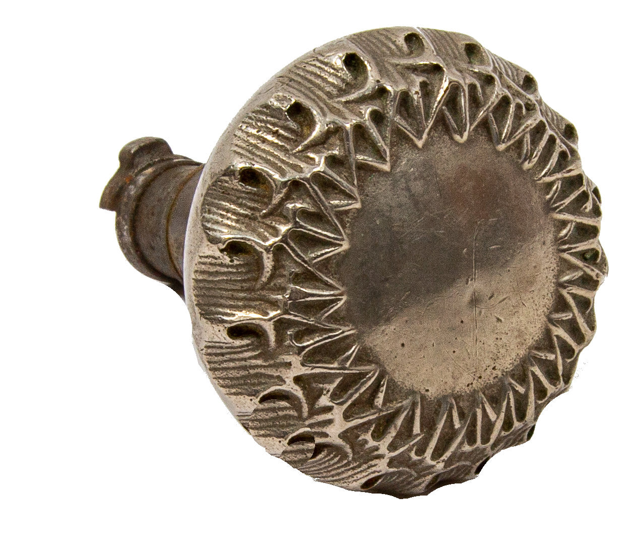 rare nickel-plated 1890s chicago hardware company "thistle" pattern doorknob with "spindleless" shank