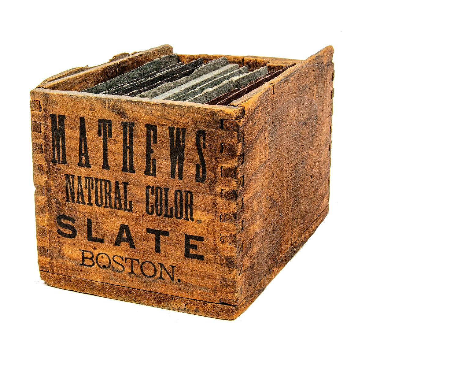 rare 19th century original and intact mathews slate company wood-boxed salesman sample with labeled slate tiles