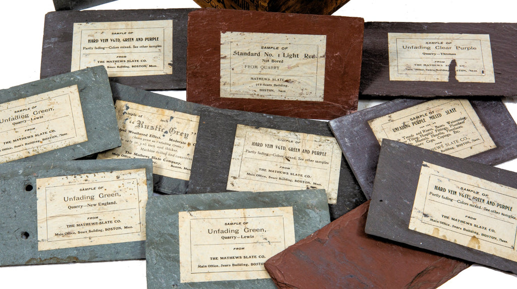 rare 19th century original and intact mathews slate company wood-boxed salesman sample with labeled slate tiles