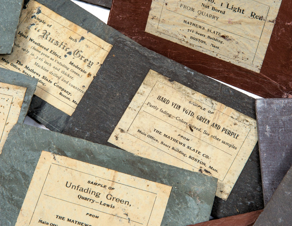 rare 19th century original and intact mathews slate company wood-boxed salesman sample with labeled slate tiles