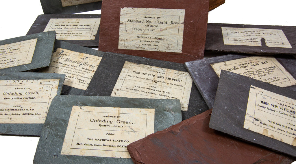 rare 19th century original and intact mathews slate company wood-boxed salesman sample with labeled slate tiles