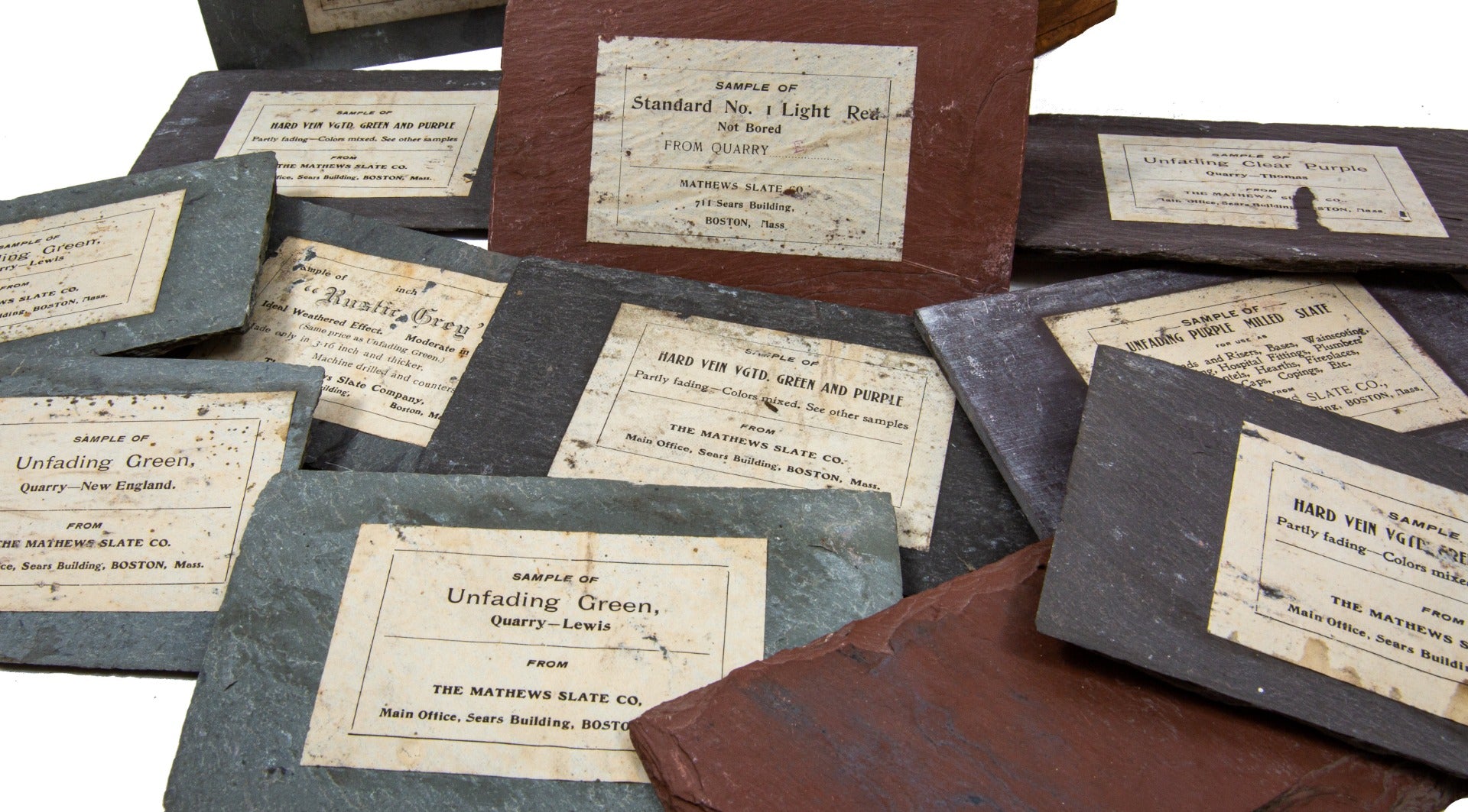 rare 19th century original and intact mathews slate company wood-boxed salesman sample with labeled slate tiles