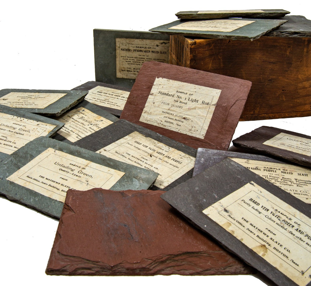 rare 19th century original and intact mathews slate company wood-boxed salesman sample with labeled slate tiles