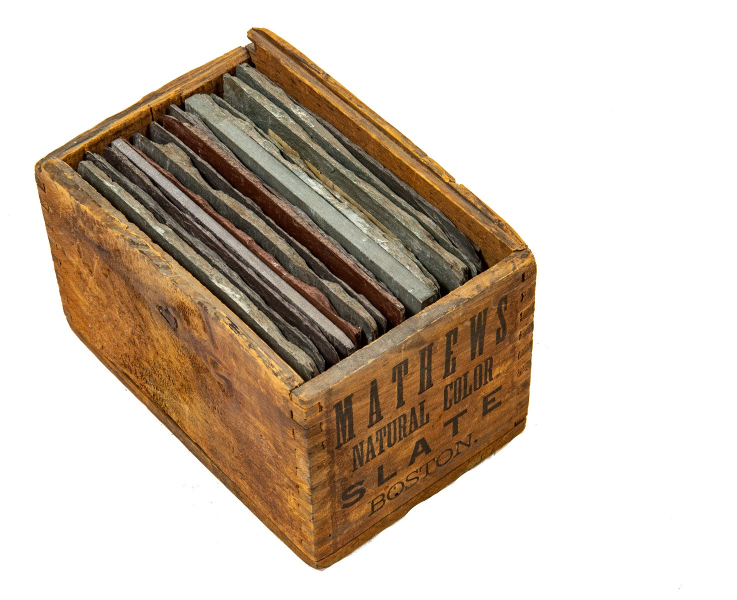 rare 19th century original and intact mathews slate company wood-boxed salesman sample with labeled slate tiles