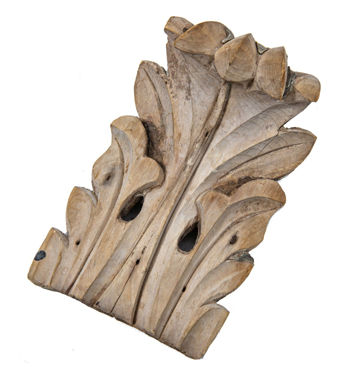 original 1870s salvaged chicago hand-carved pine wood acanthus leave salvaged from an italianate style residential wood cornice