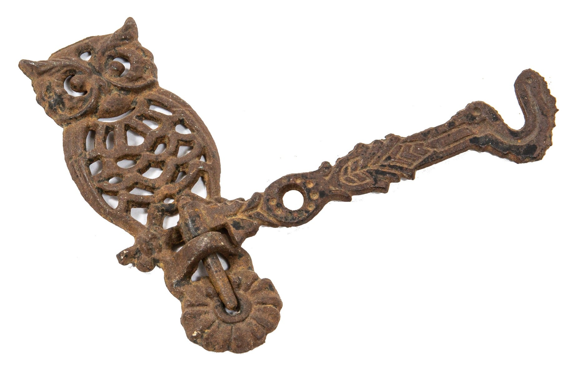 original 1880s antique american victorian wall-mount figural cast iron swinging wall hook with owl-shaped backplate