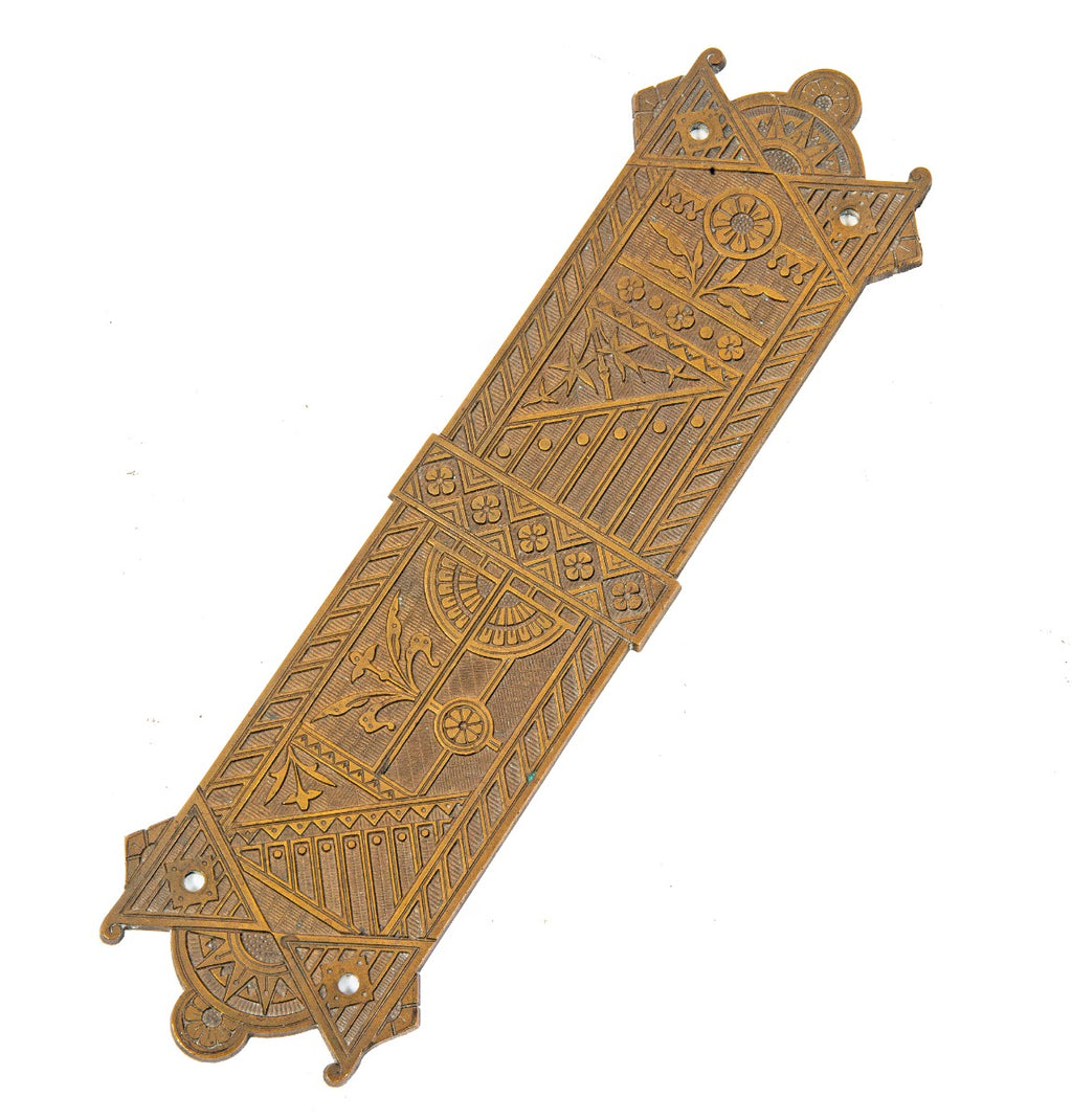 original hard to find 1880s nicely aged cast bronze eastlake style salvaged chicago sargent company swinging door push plate