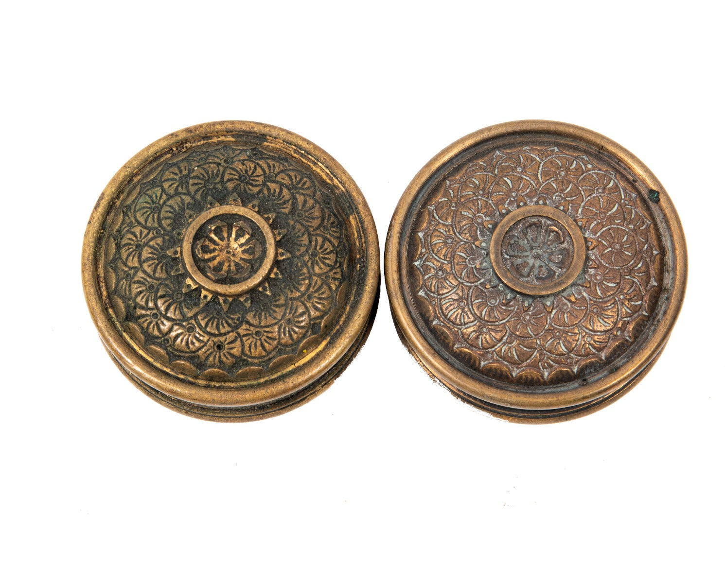 matching set of original 1880s "brocade" pattern cast brass interior residential eastlake style doorknobs