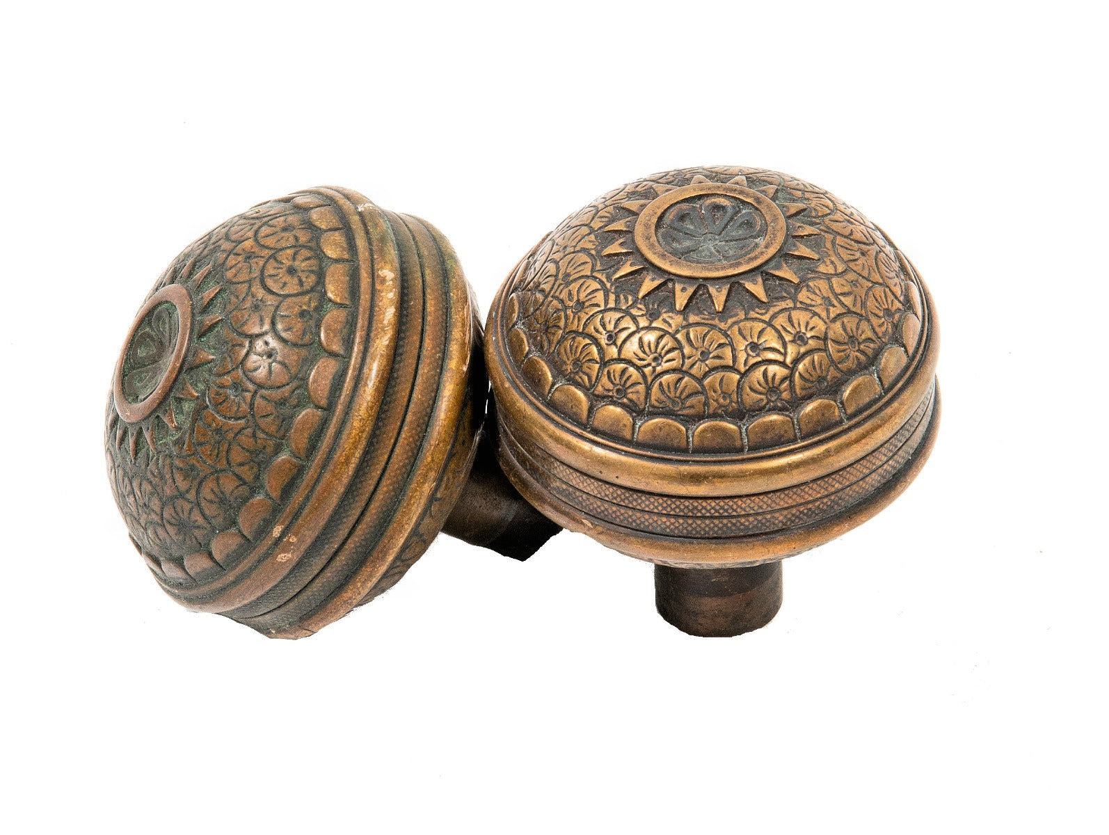 two hard to find original oversized 1880s eastlake style "brocade" pattern entrance door handles with nicely aged patina