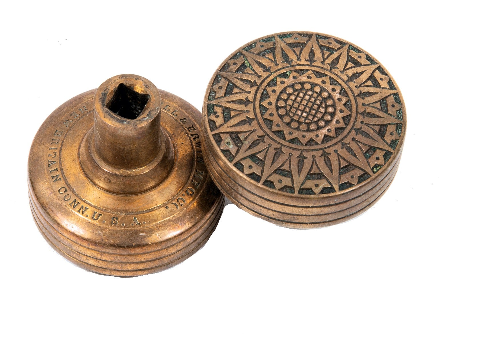matching set of original 19th century antique american "compass rose" pattern russell and erwin bronze doorknobs