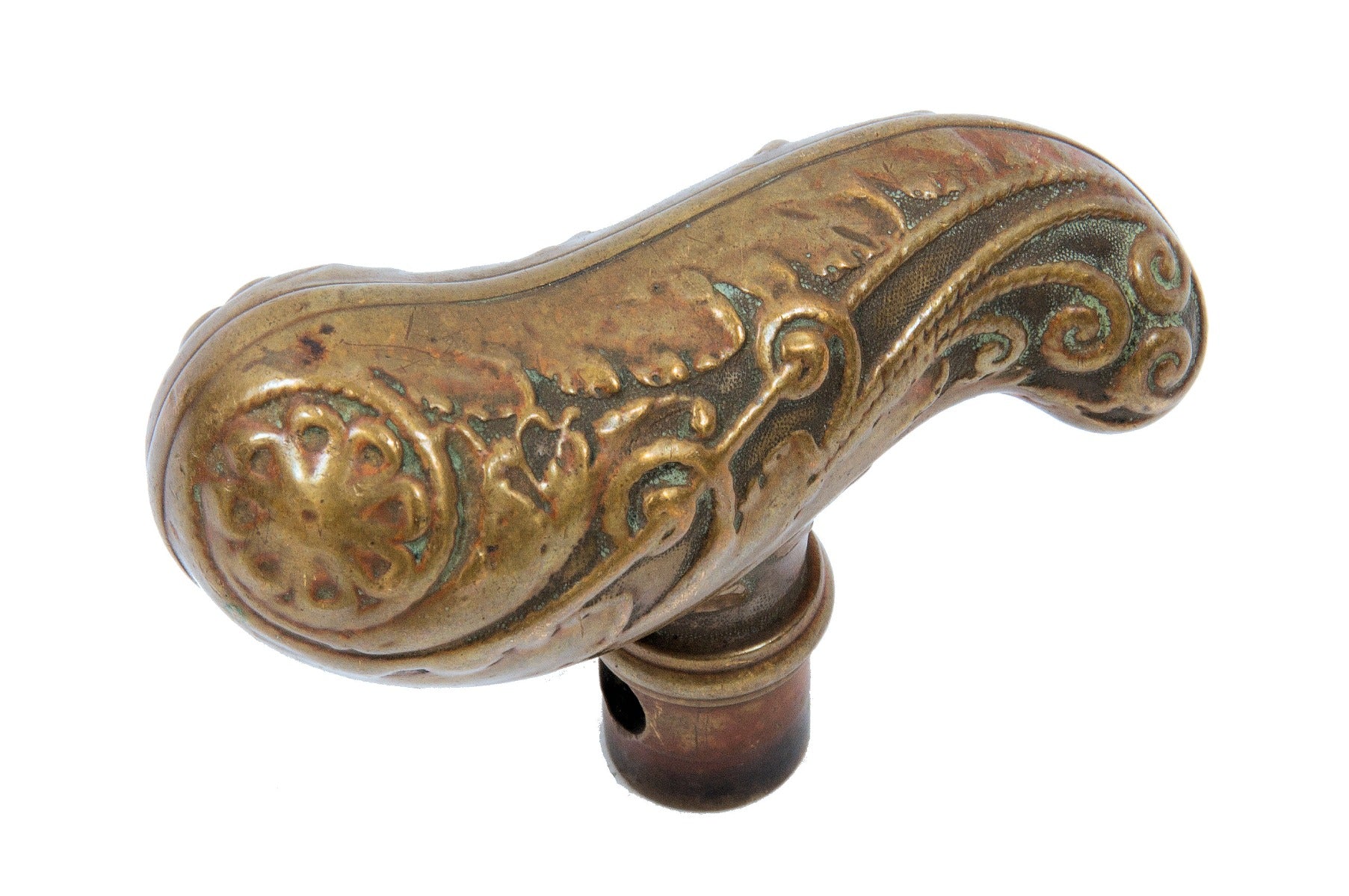 original 19th century unusually-shaped antique american cast brass t-handle doorknob with nicely aged patina