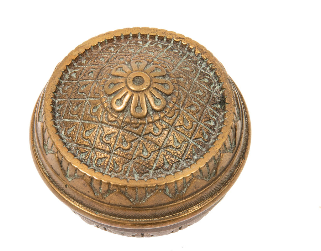 rare and highly sought after 1880s entrance size cast bronze oversized norwalk ornamental doorknob with nicely aged patina