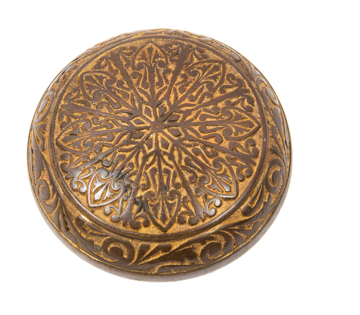 rare 1870s hopkins and dickinson high victorian style cast bronze salvaged chicago residential doorknob with gold inlay