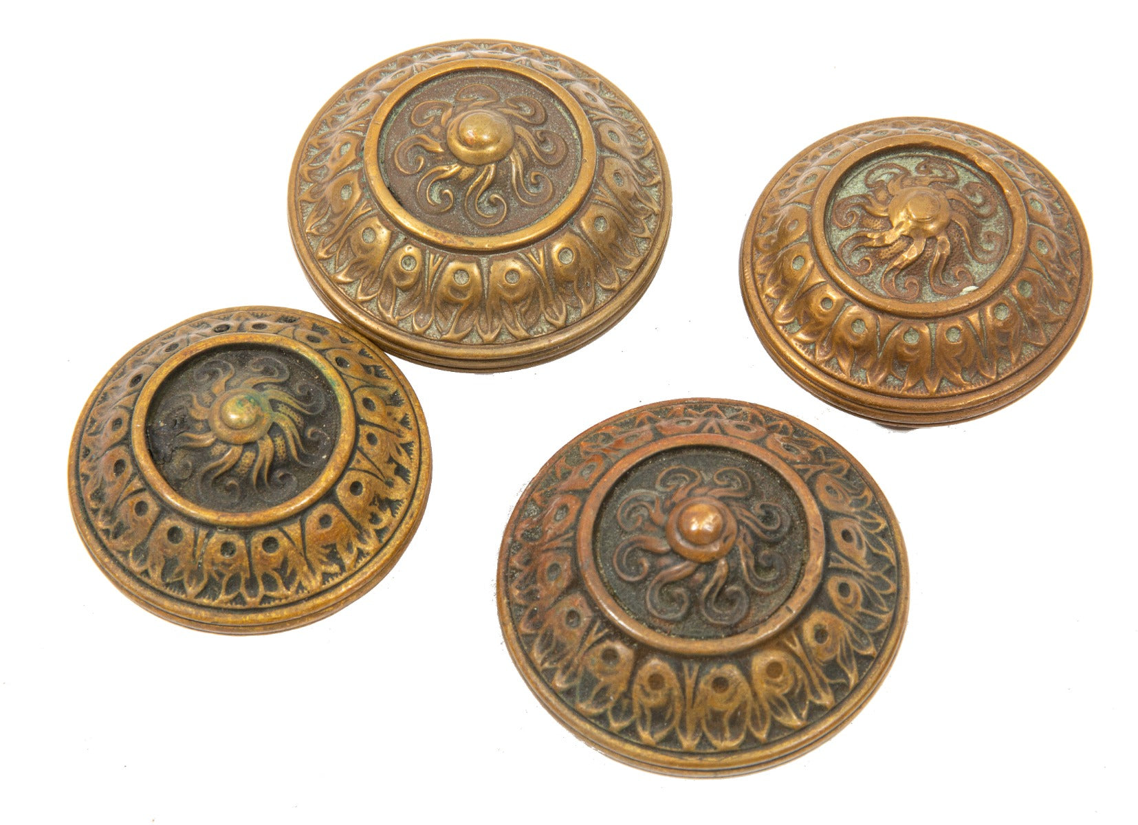 group of matching original 1890s "st. claire" pattern cast brass gilded age salvaged chicago residential doorknobs