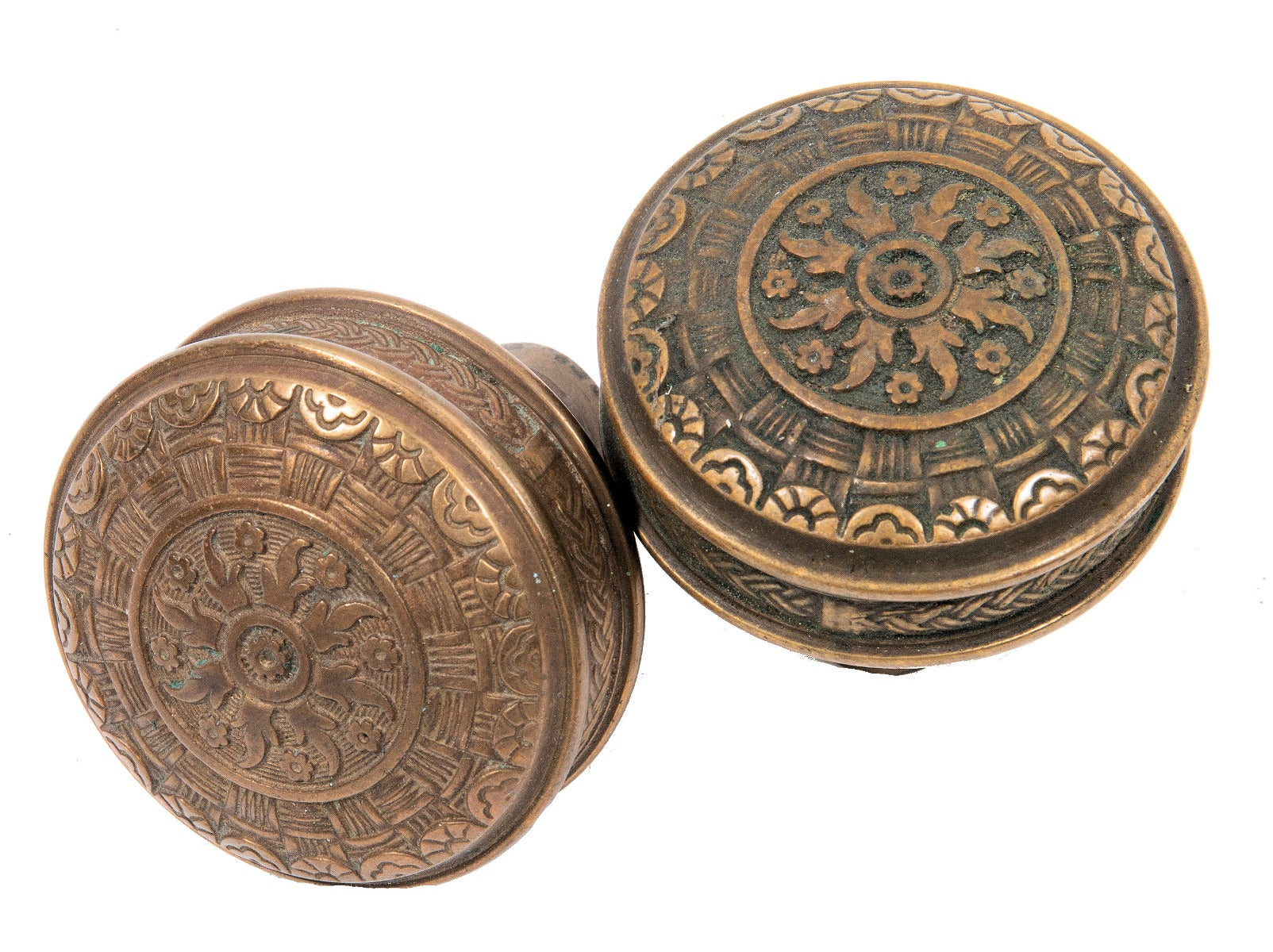 two matching salvaged chicago "basketweave" pattern hopkins and dickinson residential doorknobs with aged patina
