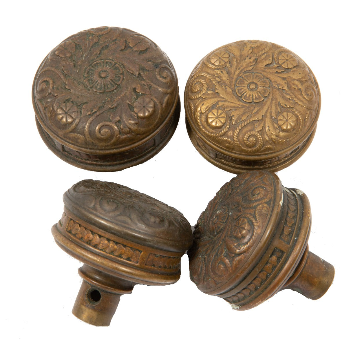 group of four matching entrance and passage size salvaged chicago norwalk "rope" pattern drum-shaped doorknobs