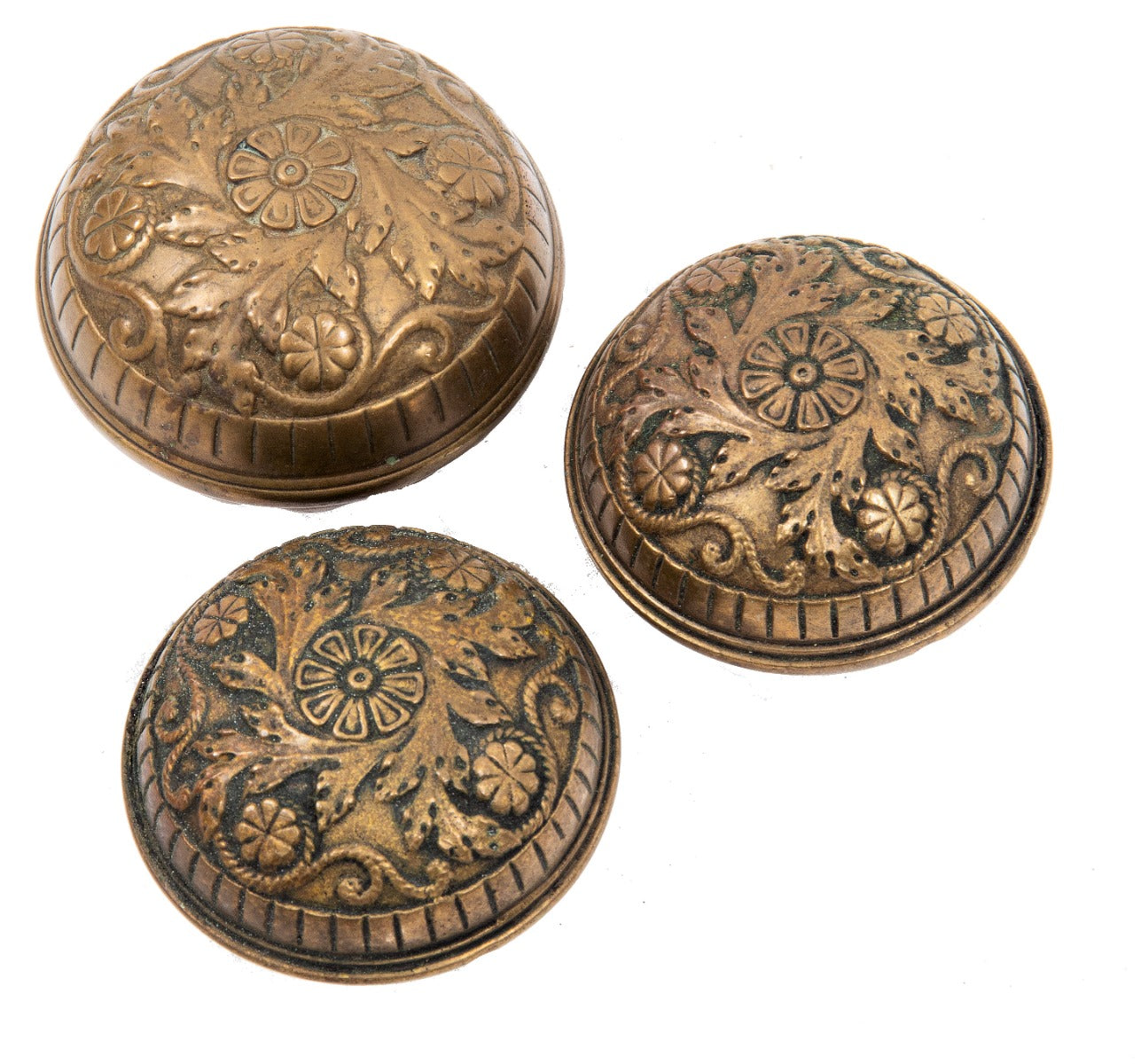 group of three hard to find 1890s "rope" pattern residential norwalk doorknobs salvaged from a milwaukee mansion