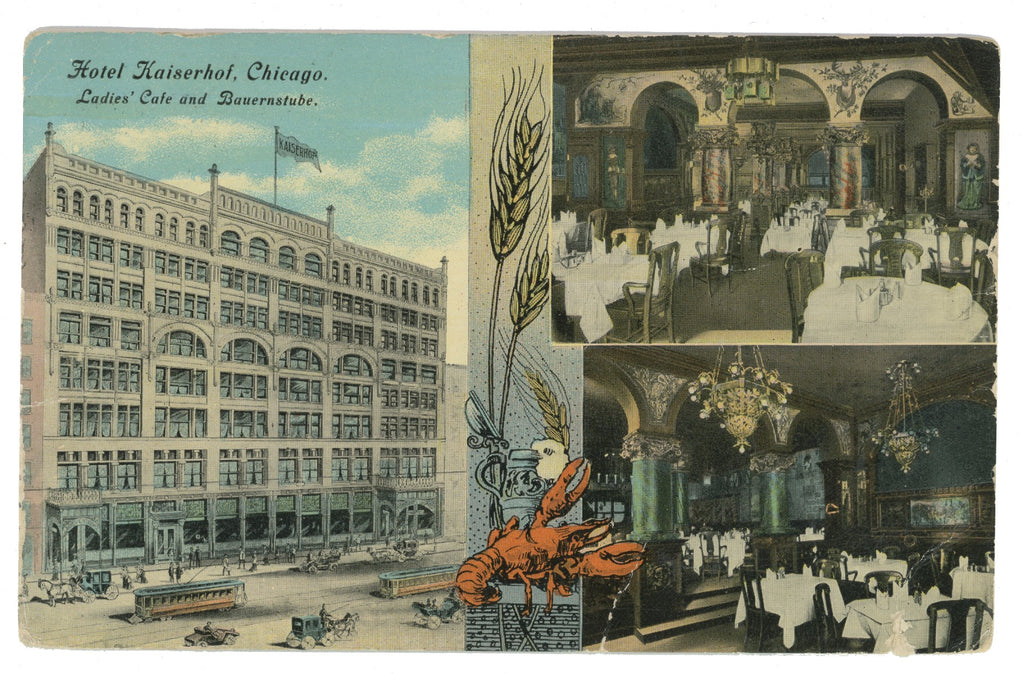 group of early 20th century postcards of chicago's kaiserhof hotel with interior images of ladies' cafe