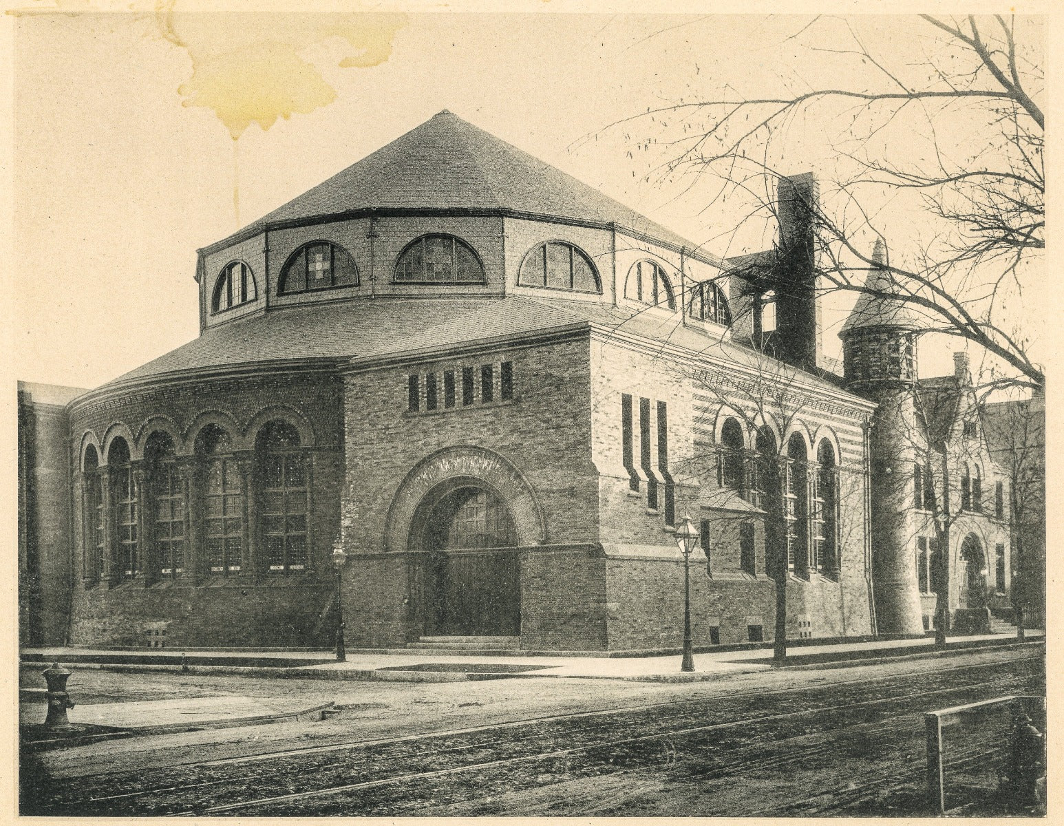 original period lithographic print of burnham and root's church of the covenant (1889), located at se corner of north halsted street and west belden street