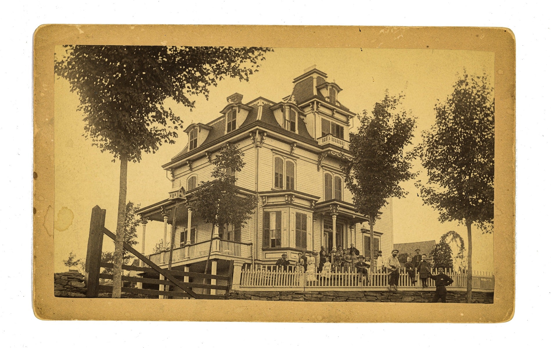 original 19th century r.b. whittaker cabinet card albument print of french second empire residence surrounded by people