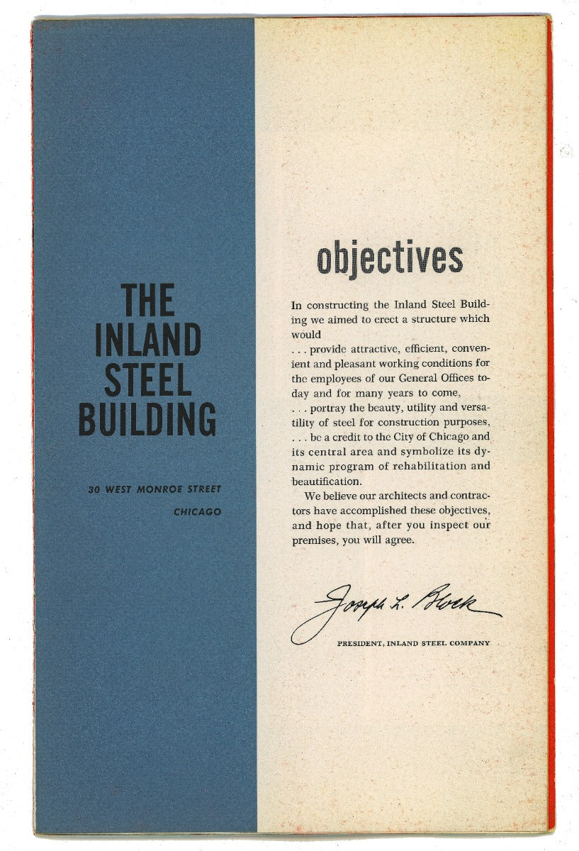 original 1950s dedication booklet for skidmore, owings, and merrill's inland steel building located at 30 west monroe in chicago