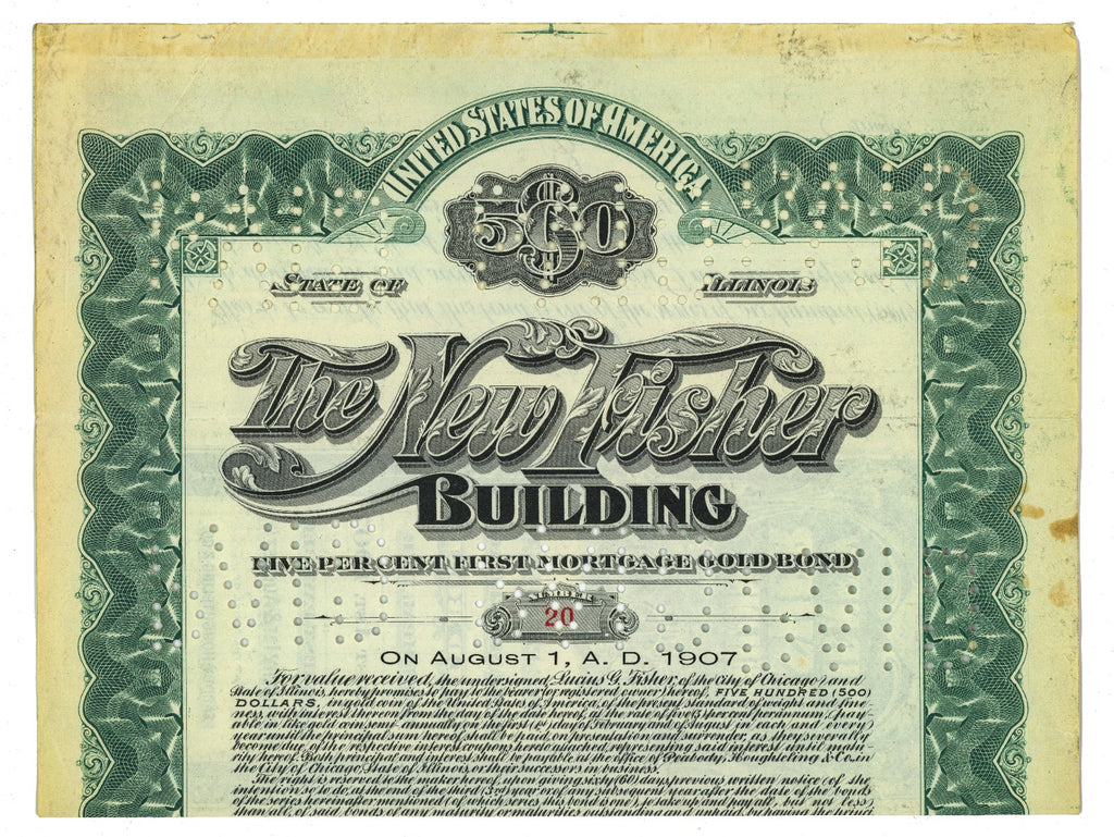 original 1907 d.h. burnham and company chicago fisher building bond certificate signed by