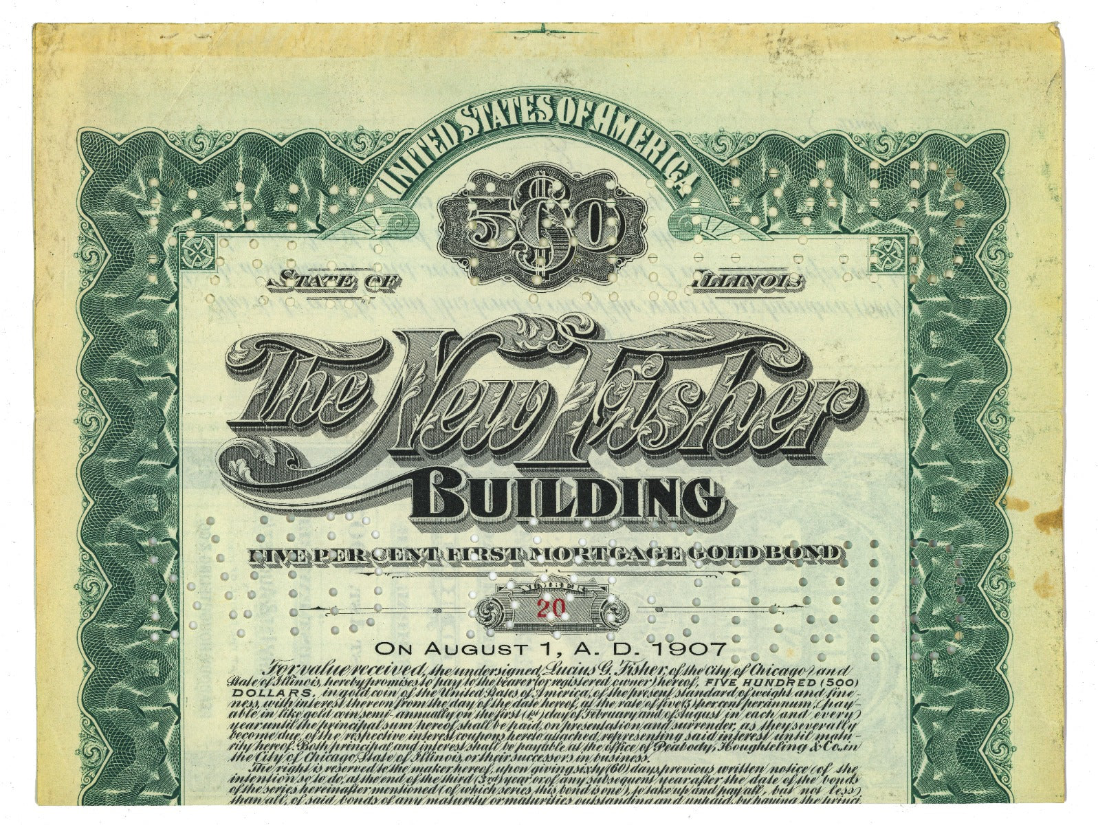 original 1907 d.h. burnham and company chicago fisher building bond certificate signed by