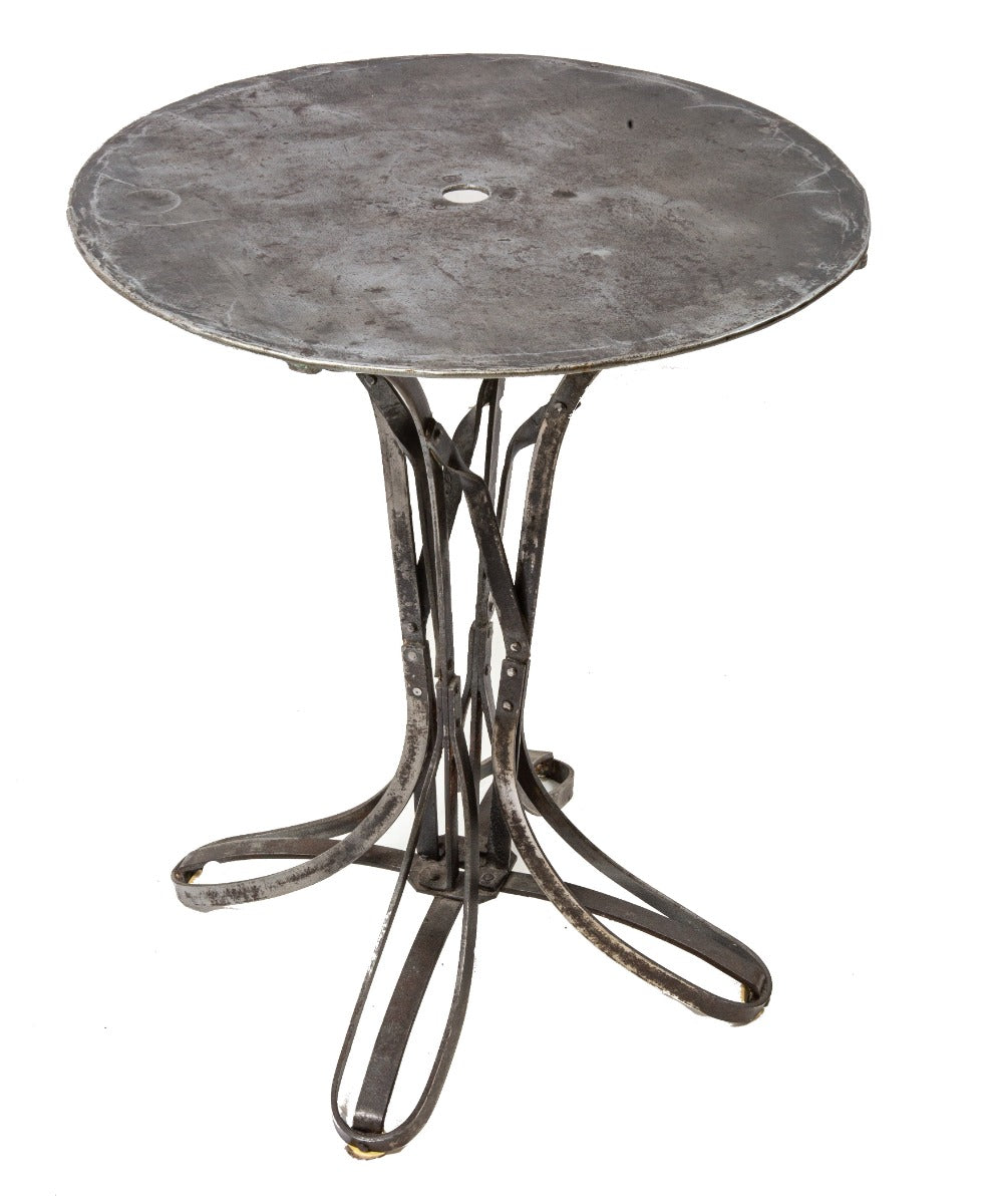unusual early 20th century riveted-joint american folk art folded and pressed steel parlor or cafe table