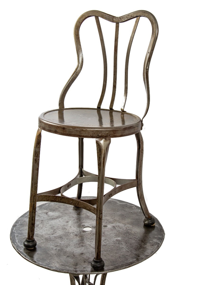 matching set of early 20th century brushed riveted and pressed steel "uhl art" toledo soda parlor chairs