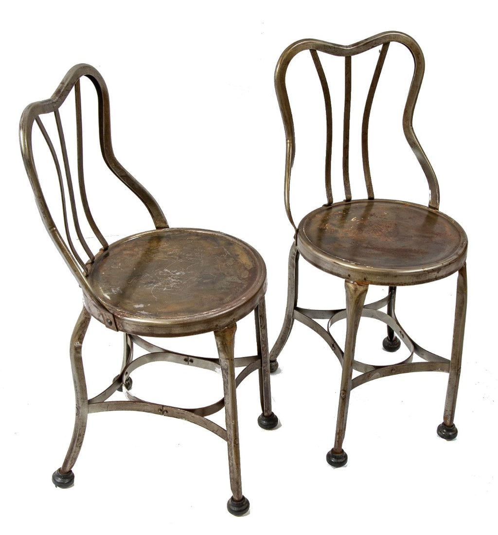 matching set of early 20th century brushed riveted and pressed steel "uhl art" toledo soda parlor chairs