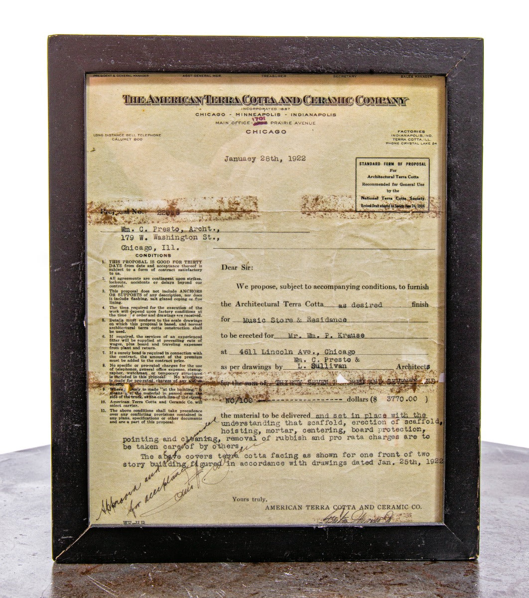 framed reprint of louis h. sullivan's american terra cotta contract for 1922 krause music store facade