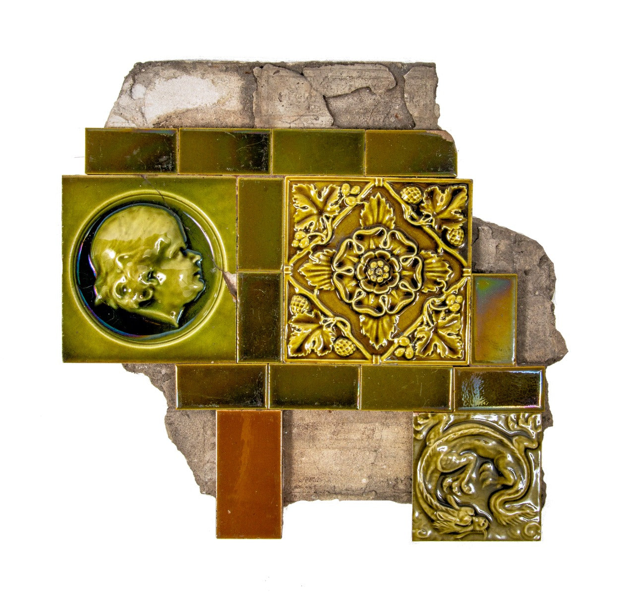 documented 1880s majolica tile surround fragment salvaged from south side chicago burnham and root house in 1950s