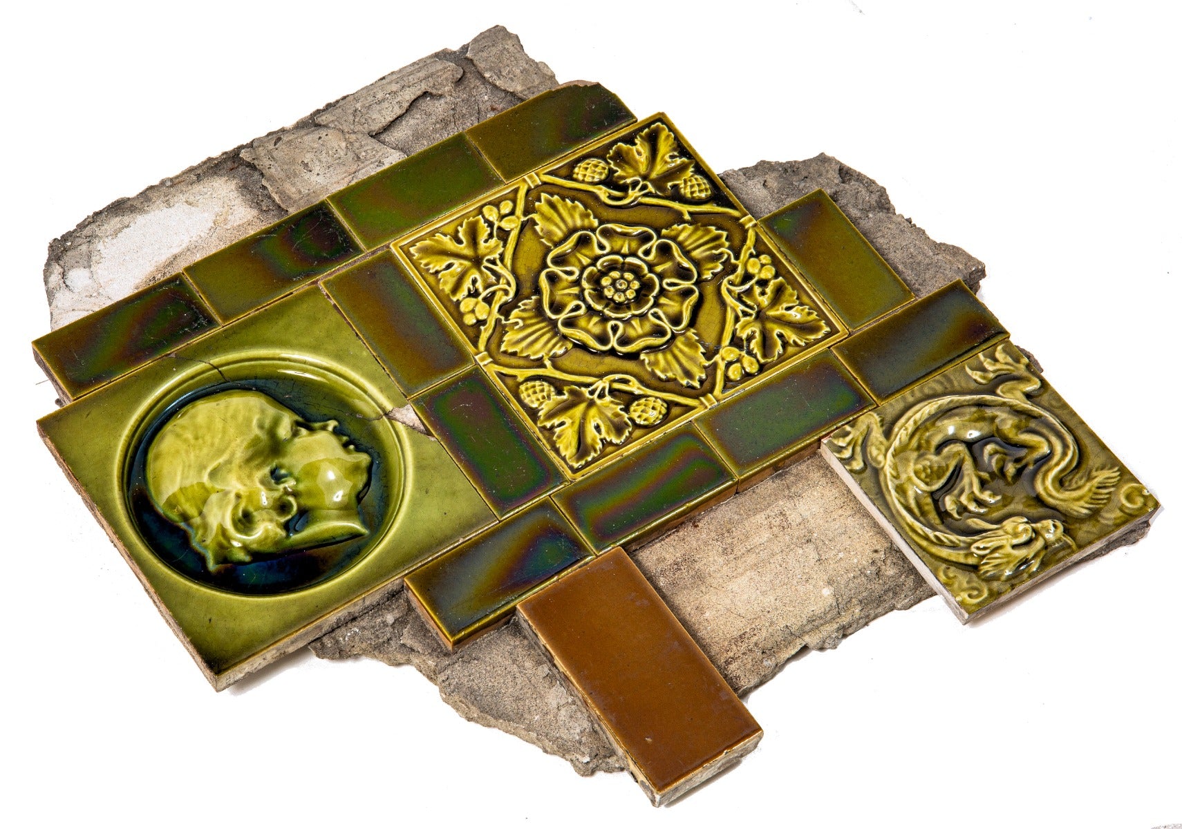 documented 1880s majolica tile surround fragment salvaged from south side chicago burnham and root house in 1950s