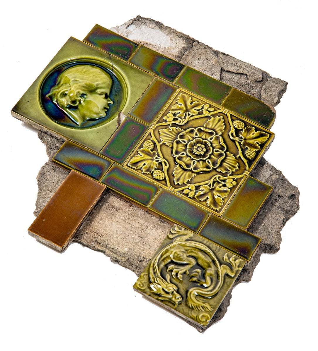 documented 1880s majolica tile surround fragment salvaged from south side chicago burnham and root house in 1950s