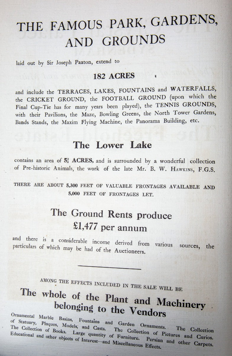 the crystal palace sydenham to be sold by auction tuesday 28th day of november, 1911. published by messrs. knight, frank & rutley