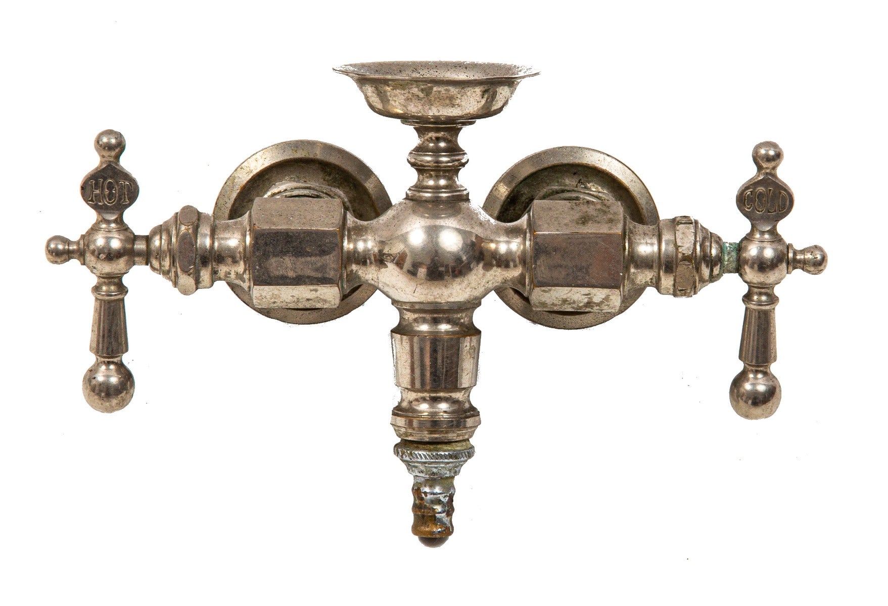 rare nickel-plated salvaged chicago  late 19th century basin tap bathroom or lavatory double cock "hot" and "cold" faucets handles comprised of cast brass with diminutive dish and circular rosettes