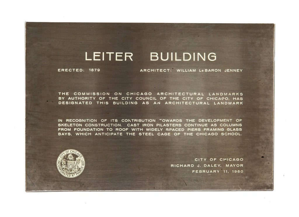 rare 1960 skidmore, owings, and merrill-designed stainless steel chicago architectural landmarks building plaque for william le baron jenney's leiter building